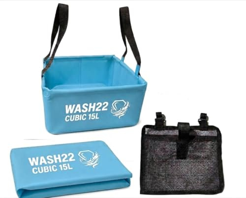 WASH22 Cubic 15L collapsible washing up bowl Camping Wash Basin Bucket with Mesh Storage Bag – Light Blue
