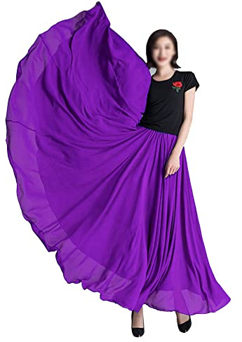 Mujer 720 Grados Doble Capa Falda Larga con Vuelo Grande Falda Lisa de Playa de Gasa salón de Baile Falda Larga de Ballet Falda de Festival de Práctica de Danza del Vientre DMorado L