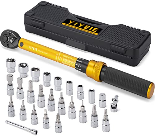 YIYEIE 1/4 Inch Drive Bike Torque Wrench, 1-25 Nm (10-222.5 in.lb), 27 PCS Click Bicycle Torque Wrench with Bit Sockets, 0.1 Nm Micro, 72-Tooth Ratchet, 3/8 Adapter, for MTB, E-Bike, Motorcycle