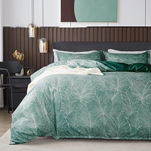 Nayoroom Bettwäsche 200x220 Grün Dunkelgrün Blätter Muster Bettbezug Microfaser Tropisch Palmenblätter Wendebettwäsche Set mit Reißverschluss and 2 x Kissenbezug 80 x 80 cm