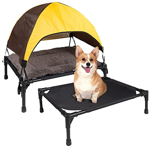 Kirdume Kühlendes Erhöhtes Haustierbett, Erhöhtes Hundebett, Hundeliege Outdoor Mit Dach, Outdoor Katzenbett, Abnehmbares Camping Hundebett Mit Baldachin, Geeignet Für Kleine Mittelgroße Hunde Katzen