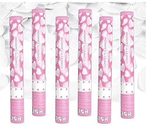 PartyDeco Tubo Cannone Spara Coriandoli a Forma di Cuore Bianco per San Valentino, Matrimonio e Feste 6 pezzi