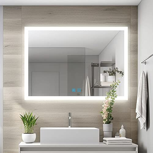 Finmrys Badspiegel mit Beleuchtung 80x60 cm mit Touch-Schalter Beschlagfrei Badezimmerspiegel Dimmbar Beleuchtet Kaltweiß Warmweiß Horizontal Vertikal（31.5x23.62 Inch）