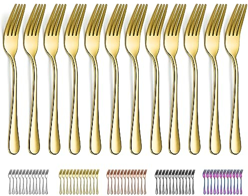 Evanda Forchetta da tavola in oro 12 pezzi 20,5cm in acciaio inossidabile, posate forchette e cucchiai, cucchiai e forchette, forchette da dessert, facili da pulire, lavabili in lavastoviglie