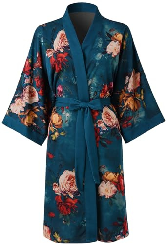 Ledamon Women's Kimono Short Robe for Women - Pocket Floral Bathrobe Nightgown (Dark Green)