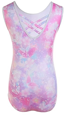 Gymnastikanzug Turnanzug Mädchen Kinder Ärmellose Leotards Crisscross Rücken Gymnastik Trikot Glänzende Gymnastikbody Ballettanzug für Gymnastik Akrobatik Tanz 6-8 Jahre