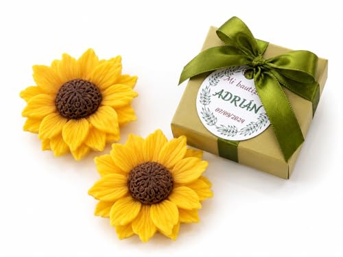 10 Jabones Artesanales en Forma de Flor de Girasol - Para Bodas, Bautizos y Primera Comunión, Ideales como Regalos y Recuerdos Especiales (Girasoles en Caja de Oliva)