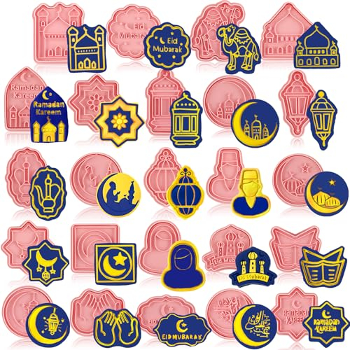 Roshtia 24 Pcs Eid Mubarak Cookie Cutter Ramadan Mubarak Plastic Cookie Stamps Eid Prayers Moon Cookie Mould Press Castle Cream Light Plastic Biscuit Cutters Embossing Mold for Baking Fondant Supplies