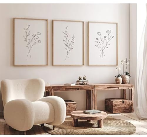 Baccone Flower Line Wall Art Set of 3 Botanical Canvas Wall Decor Floral Minimalist Wall Art Abstract Plant Pictures Flower Line Prints Black White Floral Artwork for Room Bedroom 12x16 Inch Unframed
