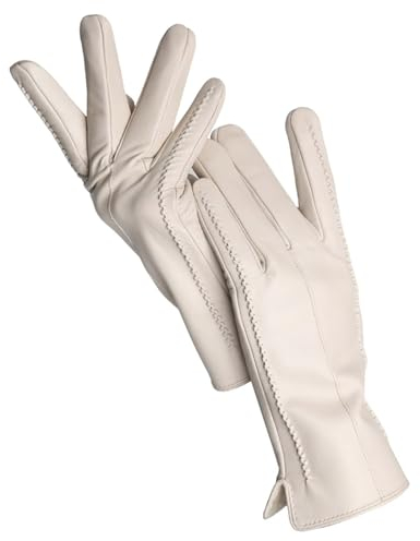 Damen Schaffell Handschuhe Winter Warm Kurz Dünn Touchscreen Fahren Damen Lederhandschuhe, Beige Touch, 34