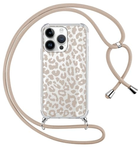 ZhuoFan Handyband Handyhülle für iPhone 12 Pro/iPhone 12 Hülle mit Band, Transparent Aesthetic Muster Schutzhülle, Silikon + Schwer PC mit Kordel zum Umhängen Necklace Lanyard Case, Leopard