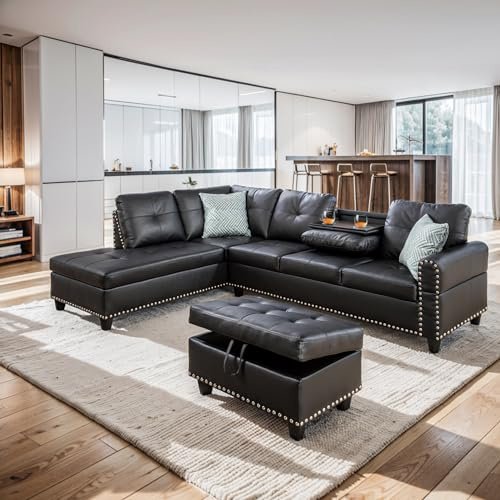 EMKK Faux Leather L-Shaped Sectional Sofa with Storage Ottoman, Nailhead Rivet Hemming Upholstered Modular Couch w/Reversible Cup Holder, for Living Room Apartment