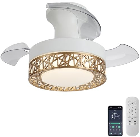 Luz De Ventilador De Techo Con Pala Retráctil Silencioso 6 Velocidades Ceiling Fan With Light Pequeño DC Reversible Lampara Ventilador Techo Dormitorio Mando A Distancia App Regulable Función Memoria