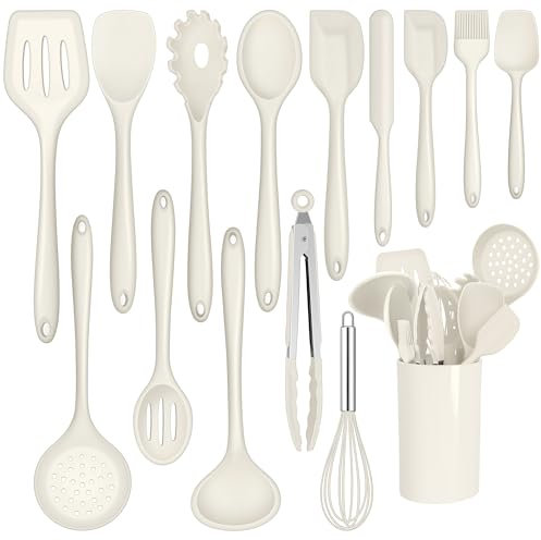 Joyfair Juego de utensilios de cocina, 15 piezas, de silicona, resistente al calor, con soporte para utensilios, antiadherente, apto para lavavajillas, color blanco