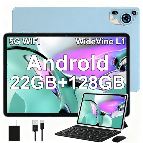 Tablet 10 Pulgadas Android 14 con Gemini AI, 22GB RAM + 128GB ROM Ampliable 1TB, Octa-Core 2.0GHz, FHD IPS, Widevine L1, WiFi 5G, 8000mAh, Cámara 5MP+8MP, con Teclado + Ratón + Funda, Azul Marino