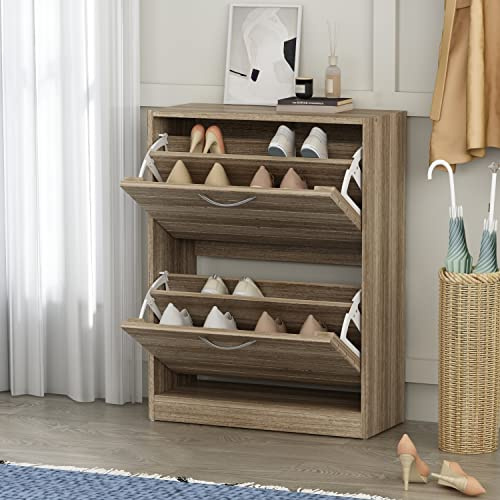 PREMTURE Shoe Cabinet with 2 Flip Drawers, Freestanding Shoes Storage Cabinet with Adjustable Shelf, Space Saving Shoe Rack for Entryway Hallway, Light Oak, 24 D × 56 W × 75 H cm