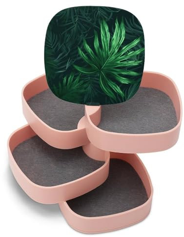 EKYOSHCZ Jewelry Organizers Green Tropical Jungle Plant Rotatable Jewelry Boxes 4-Layer Earring Holder for Women Travel Jewelry Case Organizer Tray for Rings Bracelets Necklaces Earrings Gifts