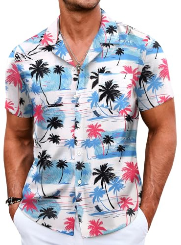 COOFANDY Hawaiiansk skjorta för män, kortärmad, avslappnad, funky strandskjorta, sommartröjor med ficka, Vitt kokospal, L
