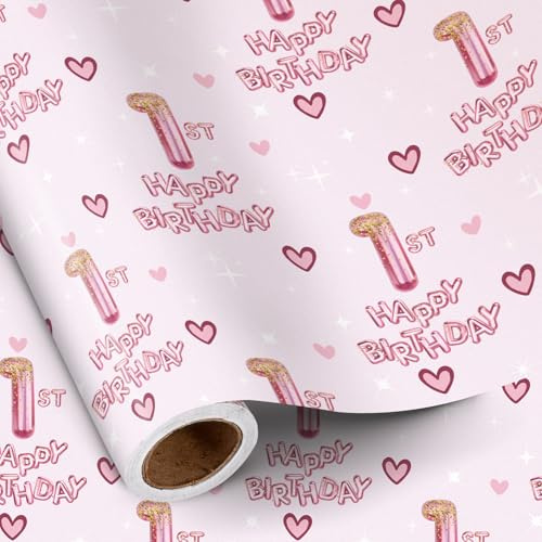 RUSPEPA Geschenkpapier zum 1. Geburtstag für Mädchen, Herzen und rosa Luftballons mit der Zahl 1, „Happy Birthday“-Design, 1 Jahr alt, Mini-Rolle, 43,2 cm x 5 m
