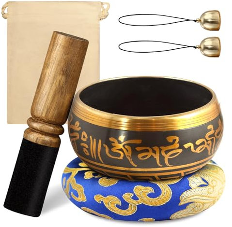 Tibetische Klangschale Set, 8 cm Messing Klangschale mit Kissen, 2 Glocke und HolzKlöppel, Handgehämmert Klangschale, Singing Bowl aus Tibet, Klangschale für Meditation Anfänger, Yoga, Entspannung