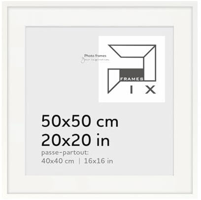 Pix FRAMES Bilderrahmen 50x50cm mit Passepartout - Weiß | Holzbilderrahmen mit Plexiglas Scheiben - Bilderrahmen Holz zum Aufhängen - Wooden Picture Frame - Photo Frame zum Aufstellen