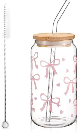 Glas Trinkbecher Mit Deckel Und Strohhalm, Bow Glasbecher 16 Oz, Iced Coffee Glas in Dosenform, Rosa Schleife Glasbecher, Vielseitiges Trinkglas Für Bubble Tea, Kaffee (Schleife mit Herzmuster)