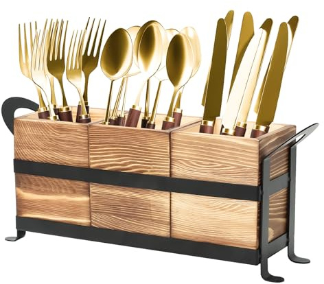 Ruaizel Panier à ustensiles en bois avec 3 compartiments, organiseur de couverts pour fourchettes, cuillères, couteaux