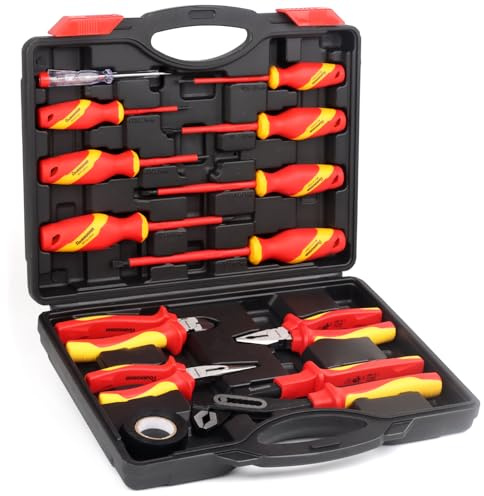FOURROBBER 13 tlg VDE Schraubendreher Schraubenzieher Zange Set | 1000V elektriker werkzeug Set mit Spannungsprüfer Schlitz Philips und Isoliertes Gummiband