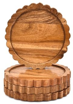 Indus Lifespace Plato llano de madera de acacia natural para aperitivos, platos de postre duraderos y ecológicos (juego de 4) (7 x 7 x 0.75 pulgadas)