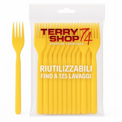 Terryshop74 Forchette Riutilizzabili in Plastica, Confezione da 100 Pezzi, Uso Ripetuto, Colore Giallo