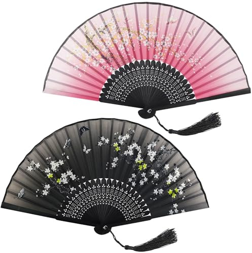 2 Stück Handfächer Fächer, Handfächers Damen, Orientalischer Faltfächer | Chinesischer Blumen Stoff Fächer, Handfächer hochzeit, für Tanzparty, Hochzeits Geschenke, DIY Deko, Haus Dekorationen