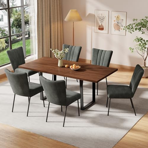 ZckyCine 63-79 Retractable Modern Dining and Chair Combination, 6 to 8 People Family Set, Industrial Style Wooden Top with Metal Legs, Soft-Pack Chair, Suitable for Kitchen