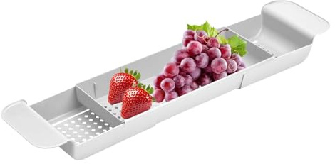 Besreey Plateau De Bain, Plateau de Baignoire Extensible, Tablette à Savon, Support De Drainage Rapide, Organisateur De Bain pour Relaxation pour Rangement De Shampoing, Verres, Gel Douche, Éponges,