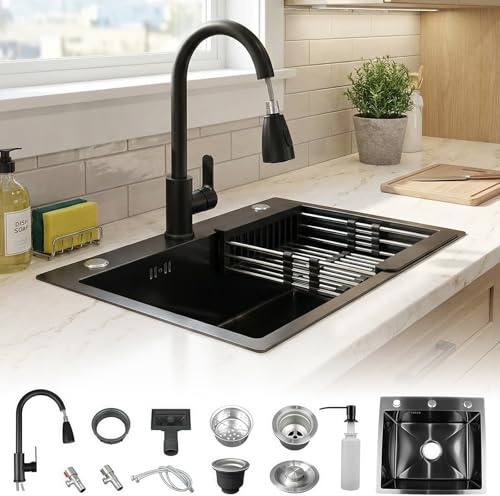 WUDLEP 50x45cm Black Kitchen Sink, Stainless Steel Single Bowl Sink, Drop-in Workstation Basin with Sliding Accessories, Ideal for Family, Commercial Kitchen