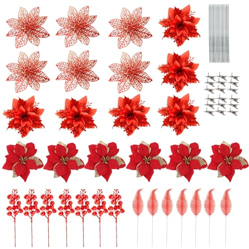 68 flores artificiales para decoración de árbol de Navidad, flores de Pascua con purpurina, hojas artificiales, tallos de bayas, decoración de flores para árbol de Navidad, corona, mesa, decoración de