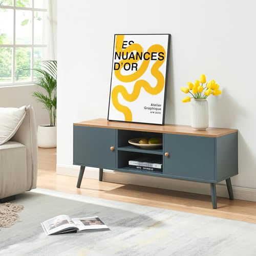 [en.casa] Mueble de TV Reyljand con 2 Compartimentos Abiertos y 2 Cerrados con Puerta Mesa de TV Mueble de Salón con Tablero Rectangular 120 x 35 x 50 cm - Gris/Efecto Roble