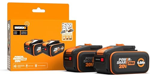 WORX WA3644.2 Original PowerShare Pro Akku 20V 2 STK. Set, Li-Ion, 4,0 Ah | Mehr Sicherheit & längere Laufzeit, LED-Anzeige, Innovative Heatshield-Technologie, passend für alle WORX PowerShare Geräte