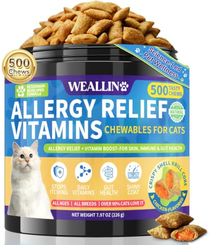 Allergy Relief for Cats - 500 Crunchy & Krill Core Allergy treats With Multivitamin Omega-3 Probiotic for Cats, Immunity Supports Seasonal Itching Licking & Scratching for All Breeds Chicken Flavor