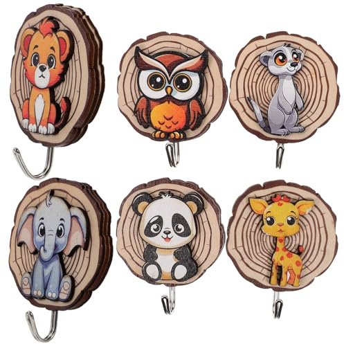 BESPORTBLE Lot de 6 Crochets Muraux Adhésifs en Bois à Motifs Animaux Cartoon Autocollants sans Perçage Résistants Décoratifs pour Chambre Salle de Bain et Rangement de Vêtements