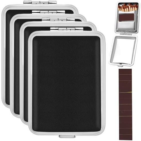 4Pcs Metal Match Box Case with Friction Plate, Stainless Steel Reusable Matchstick Holder Storage Case Portable One Button Dampproof Fireplace Starter for Outdoor Camping
