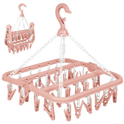 TIECHI Foldable Clothes Drying Rack with 32 Clips - Space-Saving Clothes Pegs for Washing Line, Multi-Functional Sock Hangers for Drying Hats, Shoe Insoles, Underwear, Baby Clothes (Pink)