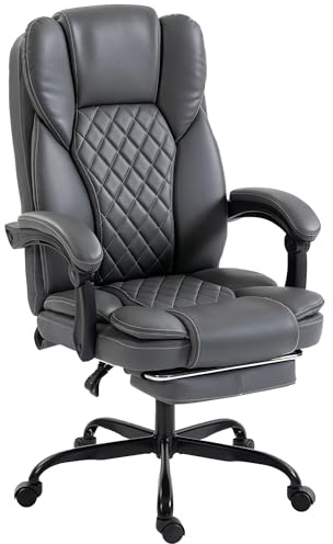HOMCOM High-Back Executive Home Office Chair with 360 Degree Swivel, Grey | PU Leather Computer Desk Chair, Reclining Function, Retractable Footrest, Adjustable Height