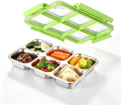 Misichao Stainless Steel Snack Box with 6 Compartments Snack Containers | 100ml Each Section Reusable Leakproof Bento Lunch Box for Adults Divided Meal Prep Food Storage for Work, Travel & Gym 600ml