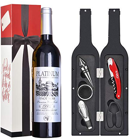 Kit apribottiglie vino Regalo, Set accessori vino - Cavatappi, Tappo, Aeratore, Taglia stagnola, Anello a goccia, Regalo di San Valentino per amanti del vino e bevitori, Argento