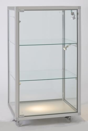 MHN Halbhohe Glasvitrine mit Rollen T 41,5 x B 51,5 x H 95 cm - schmale Thekenvitrine Glas abschließbar - Flache Alu-Glas Verkaufsvitrine - ohne Beleuchtung