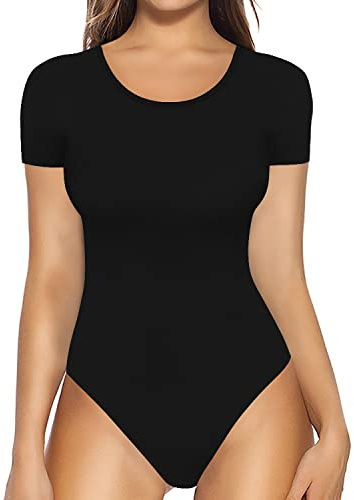 MANGOPOP Round Neck Short Sleeve Bodysuit for Women Basic Body Suit Shirts Tops Black L