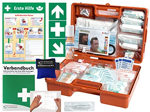 Verbandskoffer/Verbandskasten (M) Typ SN -Komplettpaket- Erste Hilfe nach aktueller DIN 13157 für Betriebe INKL. Verbandbuch + Sprühpflaster & Notfallbeatmung + AUSHANG + AUFKLEBER