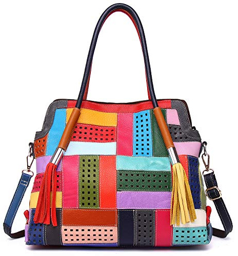 Segater® Sac à main en cuir véritable pour femme - Multicolore - Patchwork creux - Coutures en cuir de vache - Grand sac à main coloré