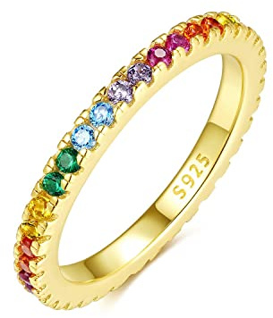 Emmie Jewelry Eternity Ring 925 Silber mit Bunte Zirkonia Steine | Damenring mit Regenbogen-Steinen rundherum | Rainbow Ringe für Damen, Frauen Schmuc