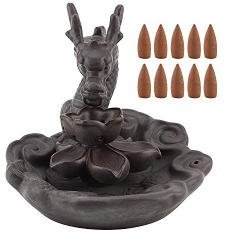 Tiiyee Ceramic Smoke Backflow Waterfall Cones, Dragon Incense Burner Waterfall Sticks Holder Home Burn Decor Stove Handcrafted Porcelain Censer Stick Stand with 10 Incense Cone Room Home Decor